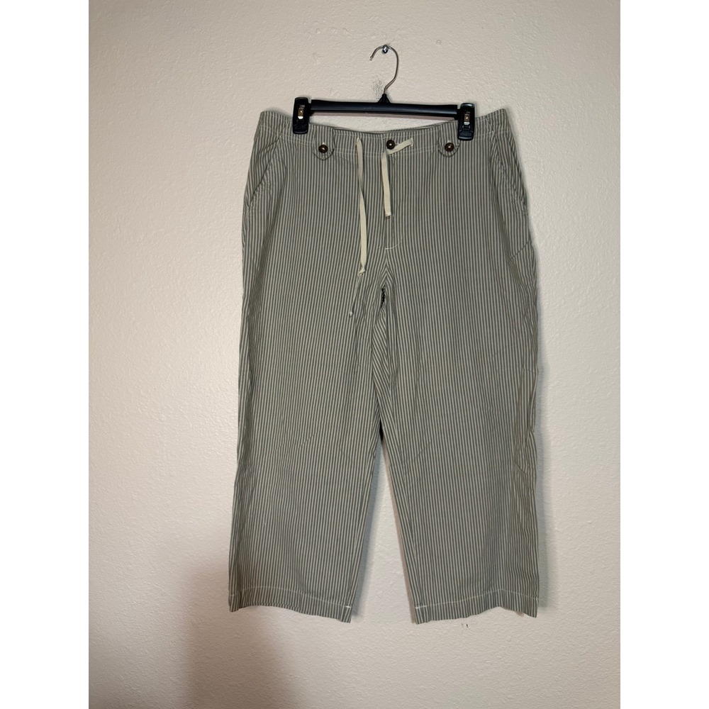 Sag Harbor Womens Striped Crop Pants Green White Cotton Drawstring Size 12